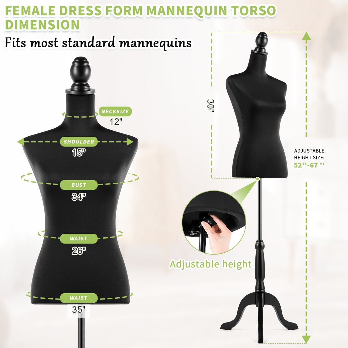 Female Dress Form Mannequin Body Torso Stand with Adjustable Height Stand