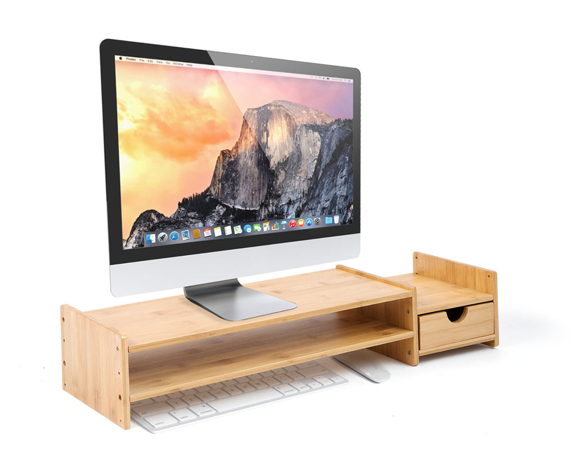 HYNAWIN Monitor Stand Riser Desk Organizer-Bamboo 2 Tier Laptop Stand With Drawers