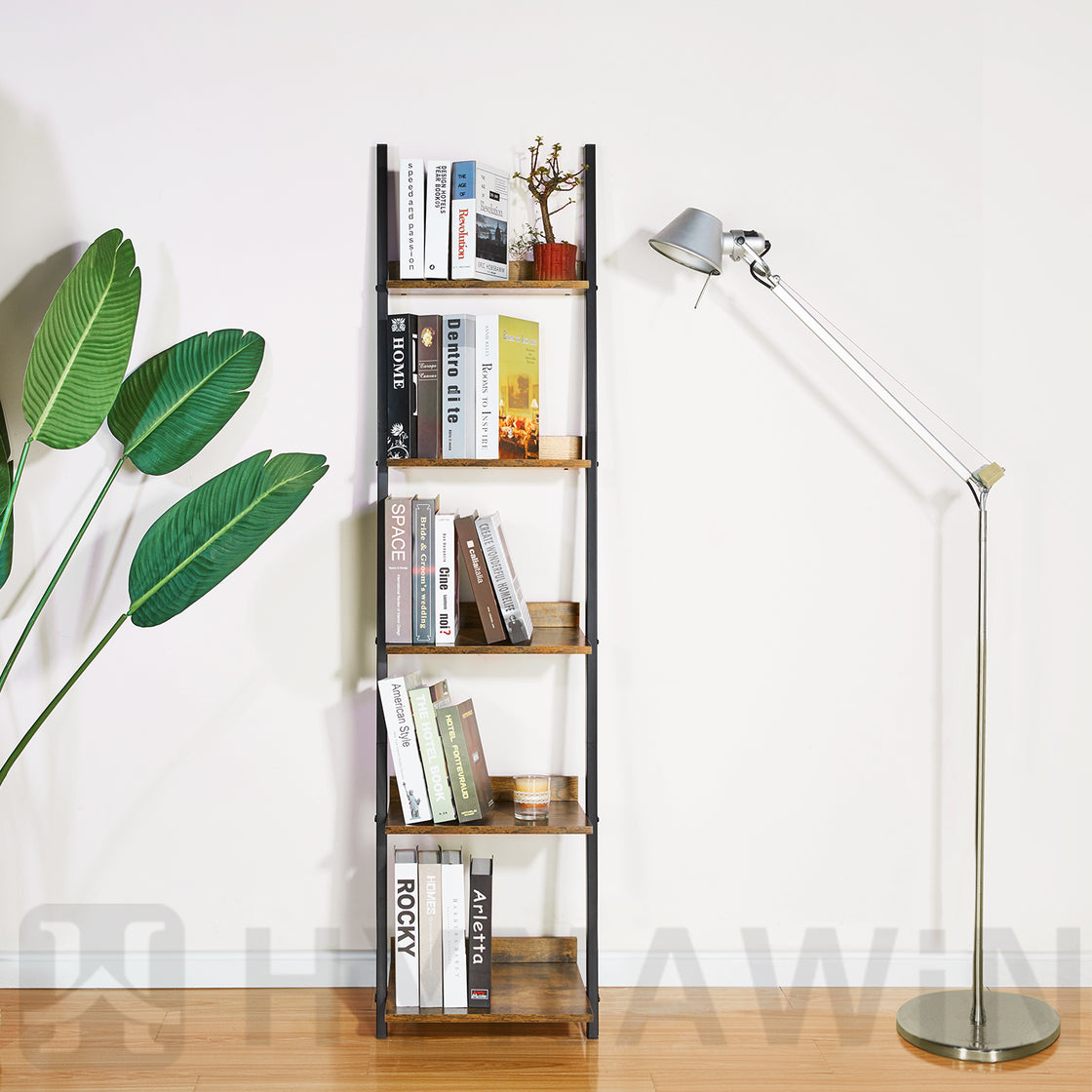 HYNAWIN 5 Tier Ladder Shelf-Wood & Metal Bookcase,Wall Mount Bookshelf