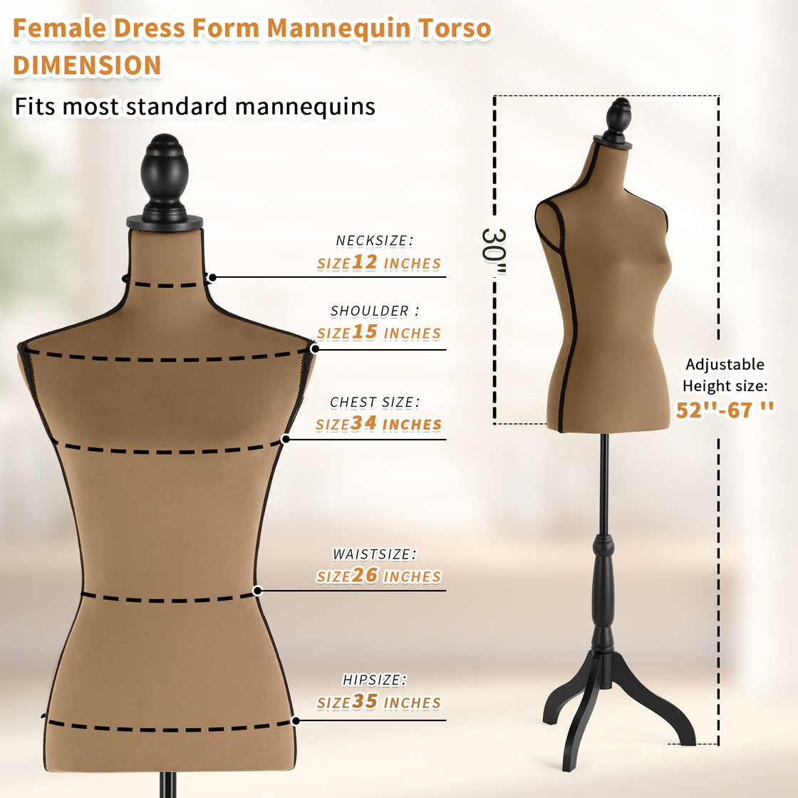 Female Dress Form Mannequin Body Torso Stand with Adjustable Height Stand