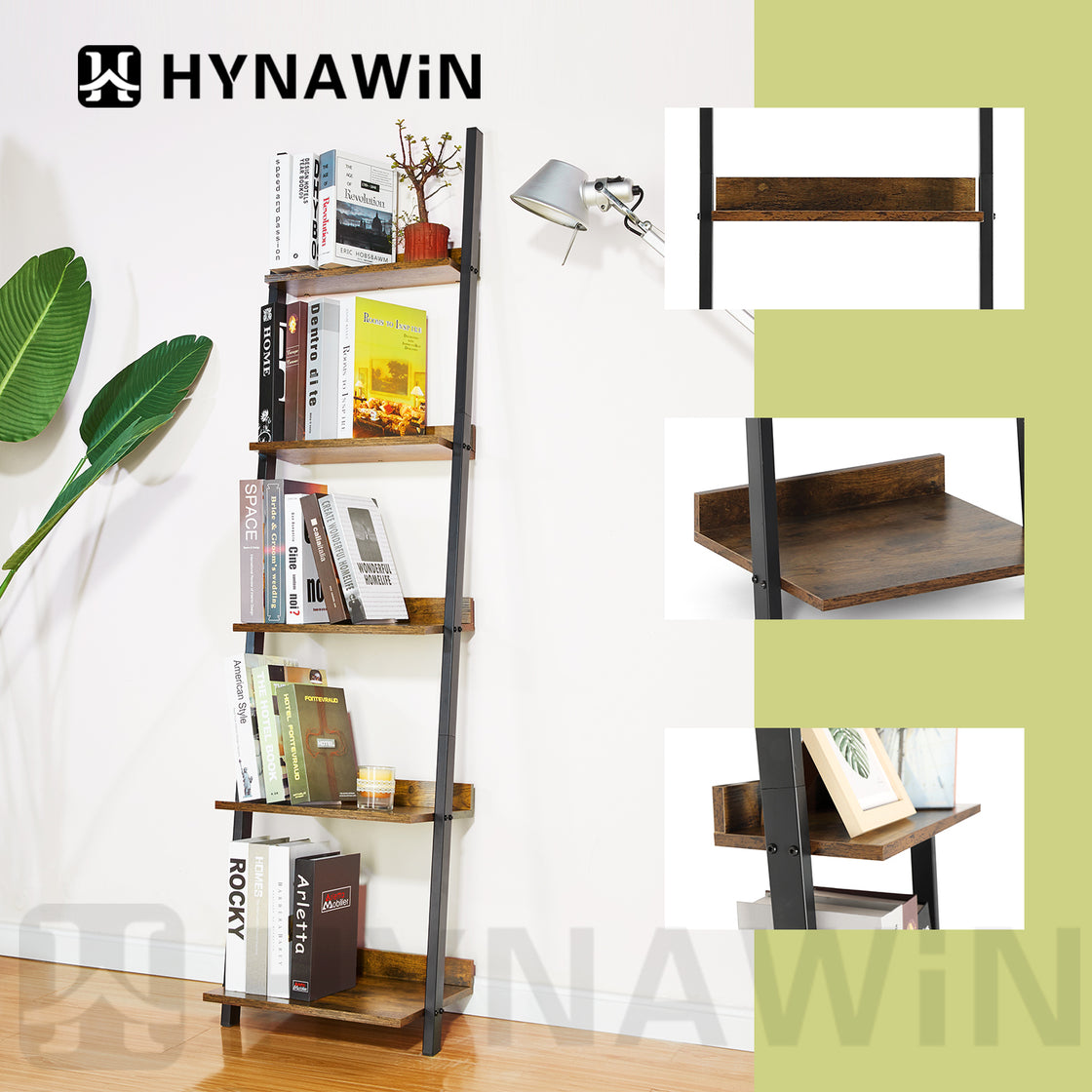 HYNAWIN 5 Tier Ladder Shelf-Wood & Metal Bookcase,Wall Mount Bookshelf