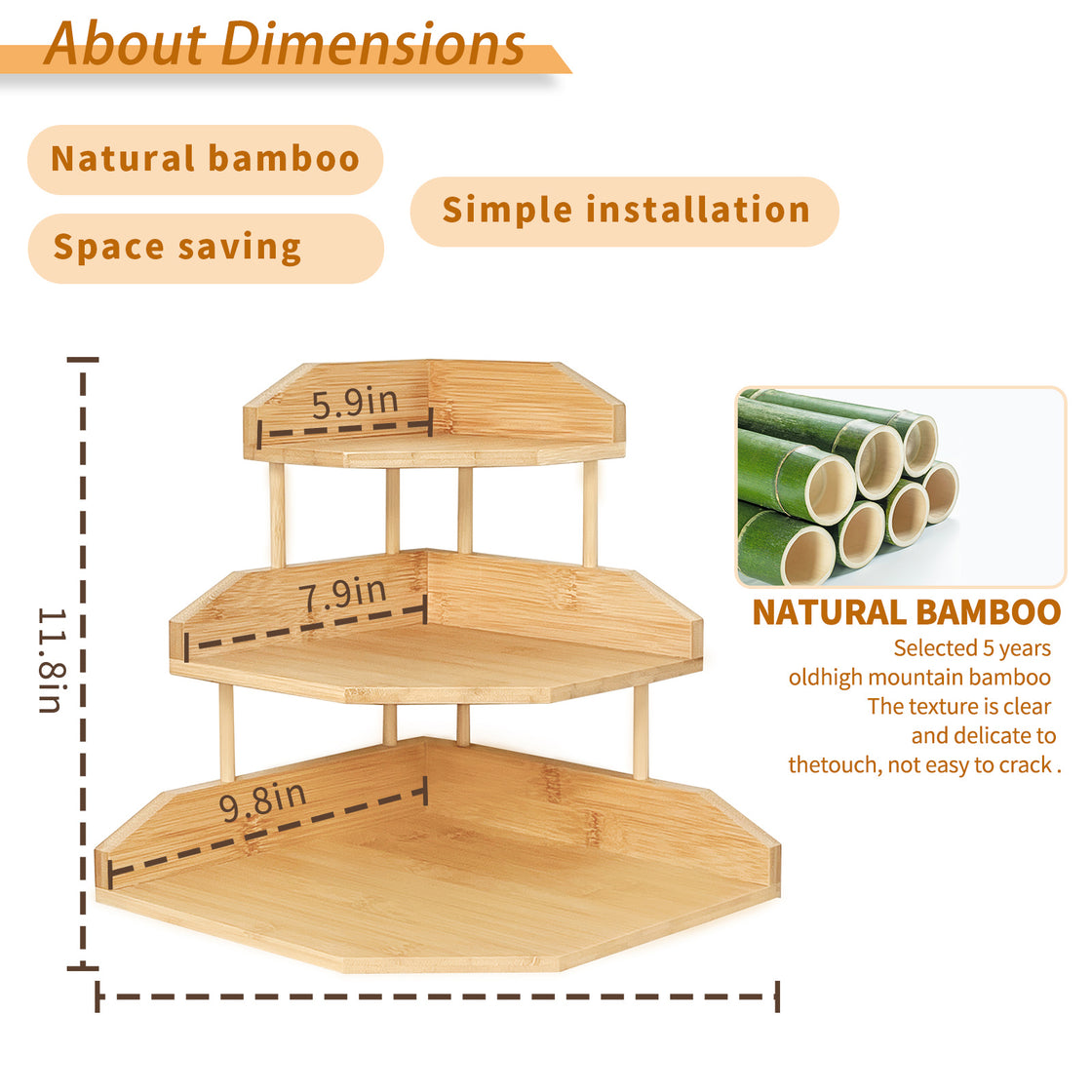 HYNAWIN Bamboo Corner Shelves-3 Tier Standing Pantry Shelf for Kitchen Counter Storage