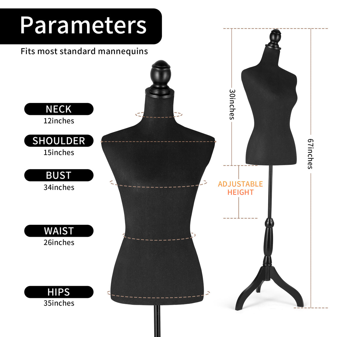 Female Dress Form Mannequin Body Torso Stand with Adjustable Height Stand