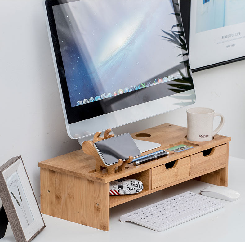 HYNAWIN Monitor Stand Riser Desk Organizer-Bamboo 2 Tier Laptop Stand With Drawers