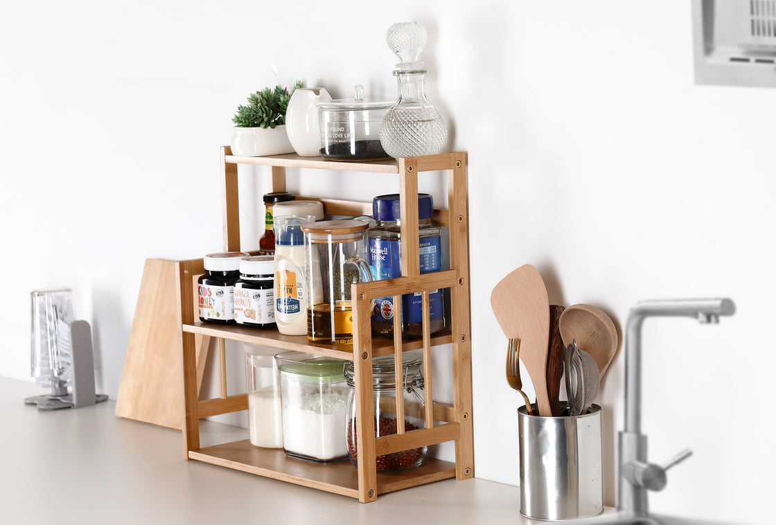 HYNAWIN Bamboo Spice Rack Storage Shelves-3 Tier Standing Pantry Shelf