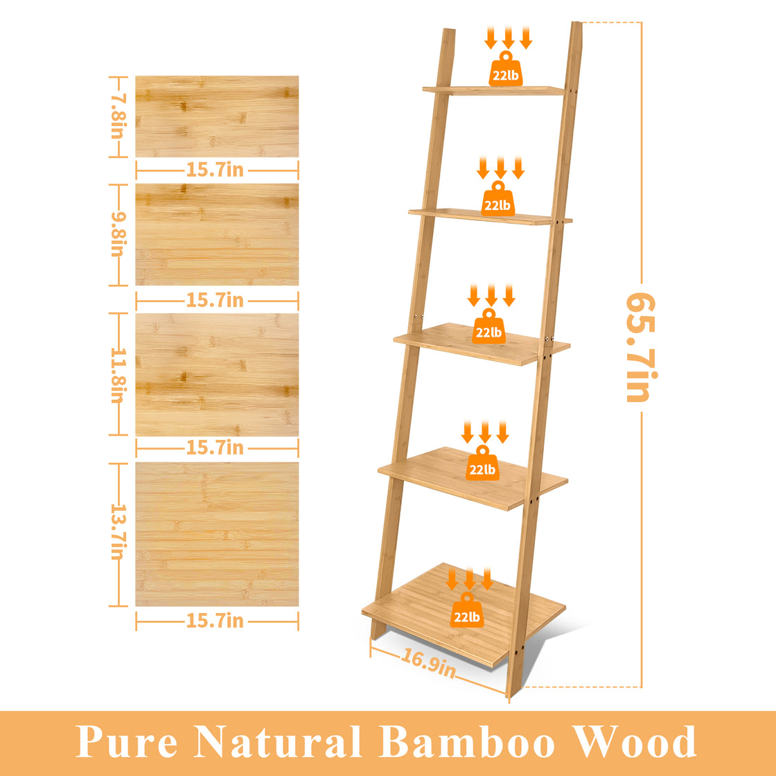 HYNAWIN Ladder Shelf Bookcase,5-Tier Bamboo Storage Rack Shelves