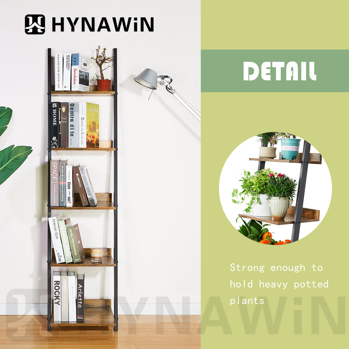 HYNAWIN 5 Tier Ladder Shelf-Wood & Metal Bookcase,Wall Mount Bookshelf