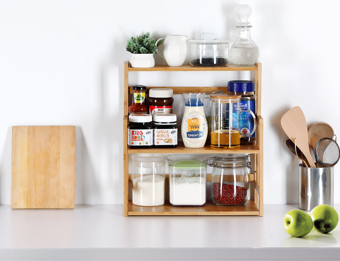 HYNAWIN Bamboo Spice Rack Storage Shelves-3 Tier Standing Pantry Shelf