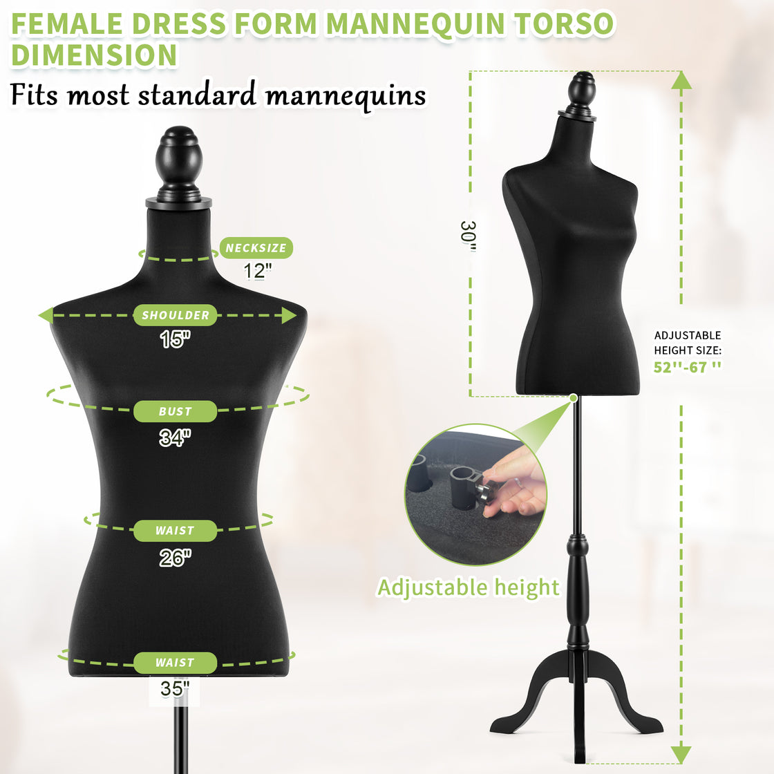 Female Dress Form Mannequin Body Torso Stand with Adjustable Height Stand