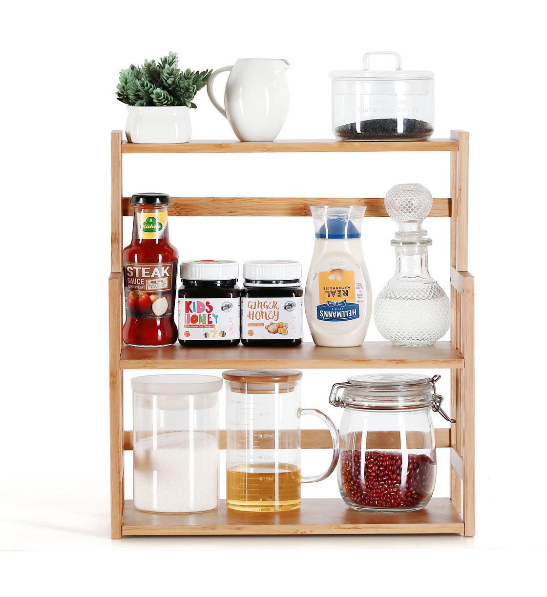 HYNAWIN Bamboo Spice Rack Storage Shelves-3 Tier Standing Pantry Shelf