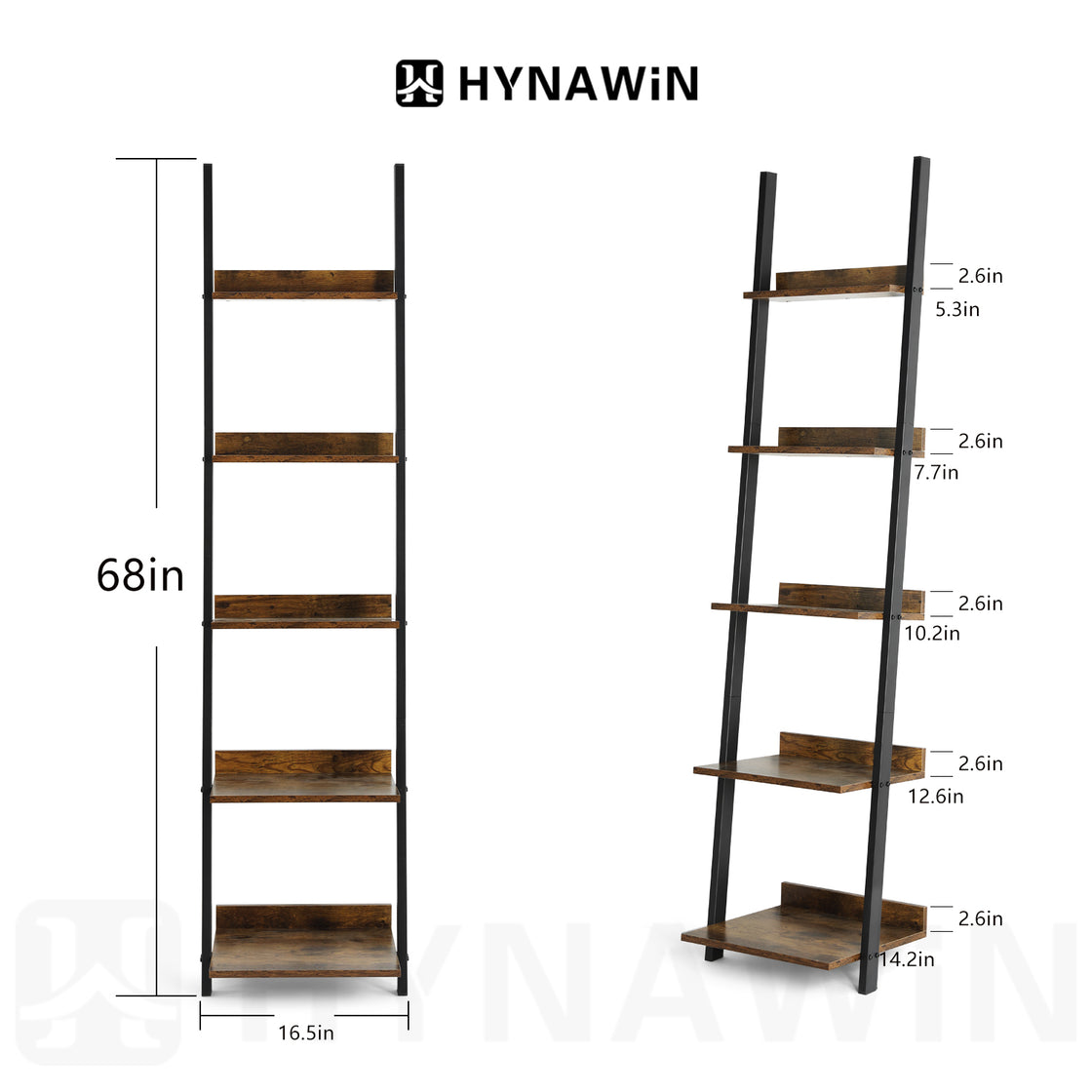 HYNAWIN 5 Tier Ladder Shelf-Wood & Metal Bookcase,Wall Mount Bookshelf