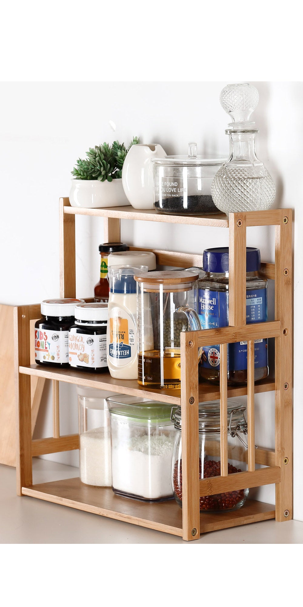 HYNAWIN Bamboo Spice Rack Storage Shelves-3 Tier Standing Pantry Shelf