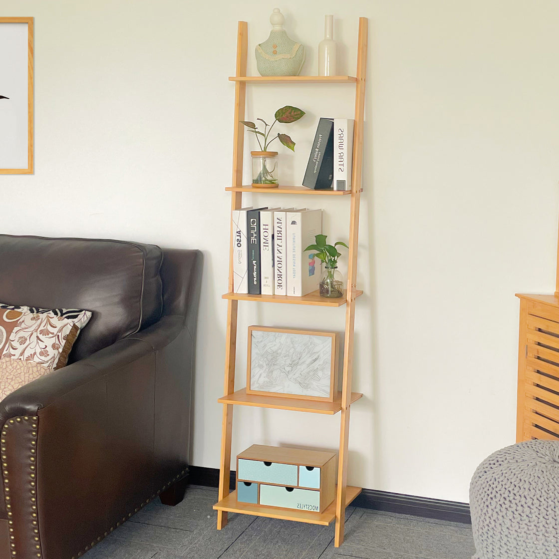 HYNAWIN Ladder Shelf Bookcase,5-Tier Bamboo Storage Rack Shelves