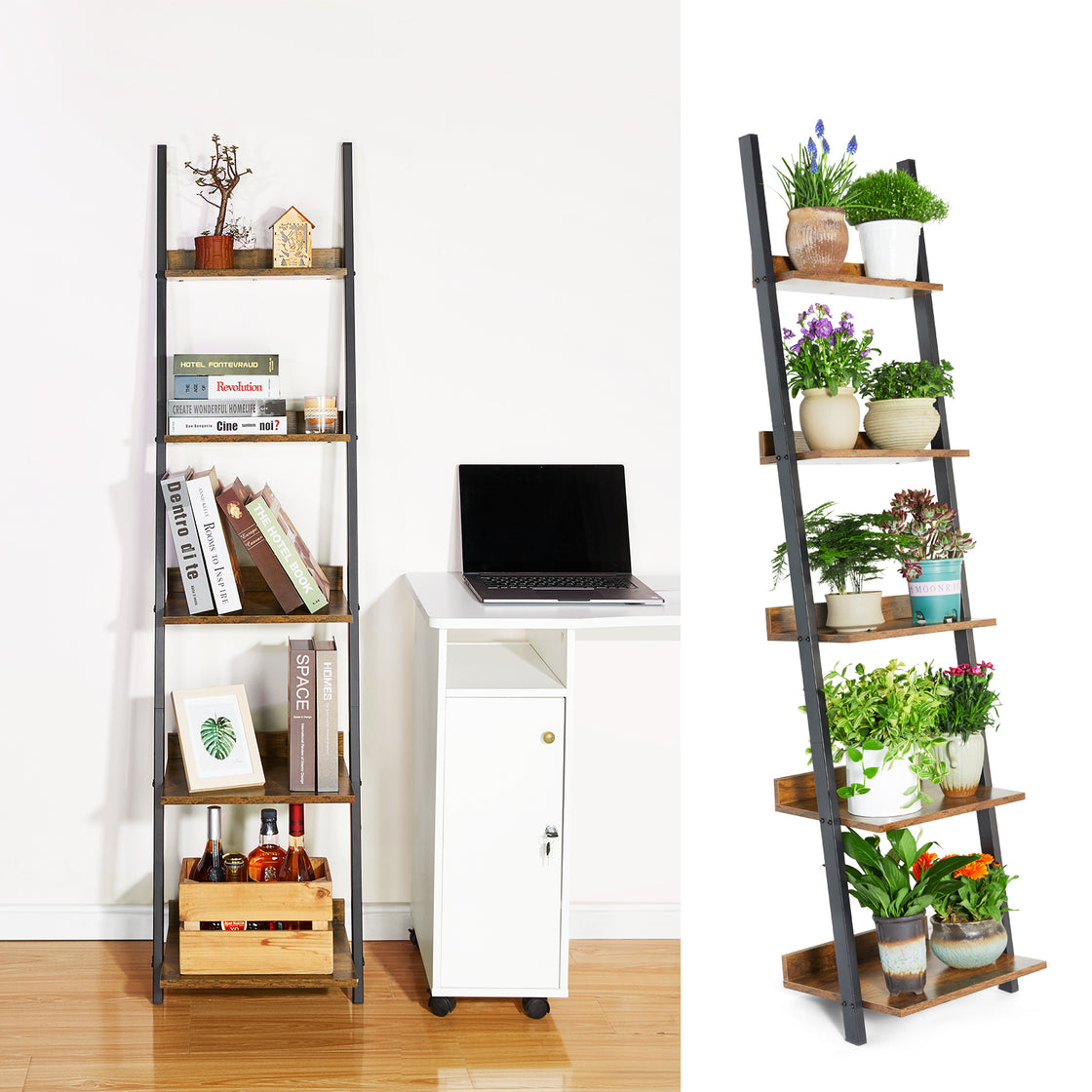 HYNAWIN 5 Tier Ladder Shelf-Wood & Metal Bookcase,Wall Mount Bookshelf