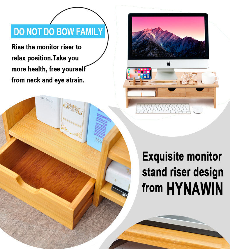 HYNAWIN Monitor Stand Riser Desk Organizer-Bamboo 2 Tier Laptop Stand With Drawers