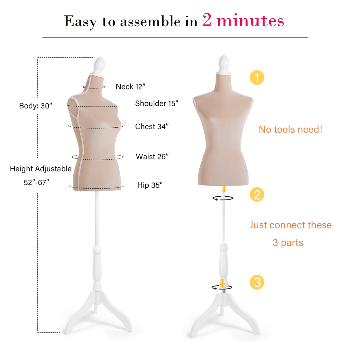 Female Dress Form Mannequin Body Torso Stand with Adjustable Height Stand