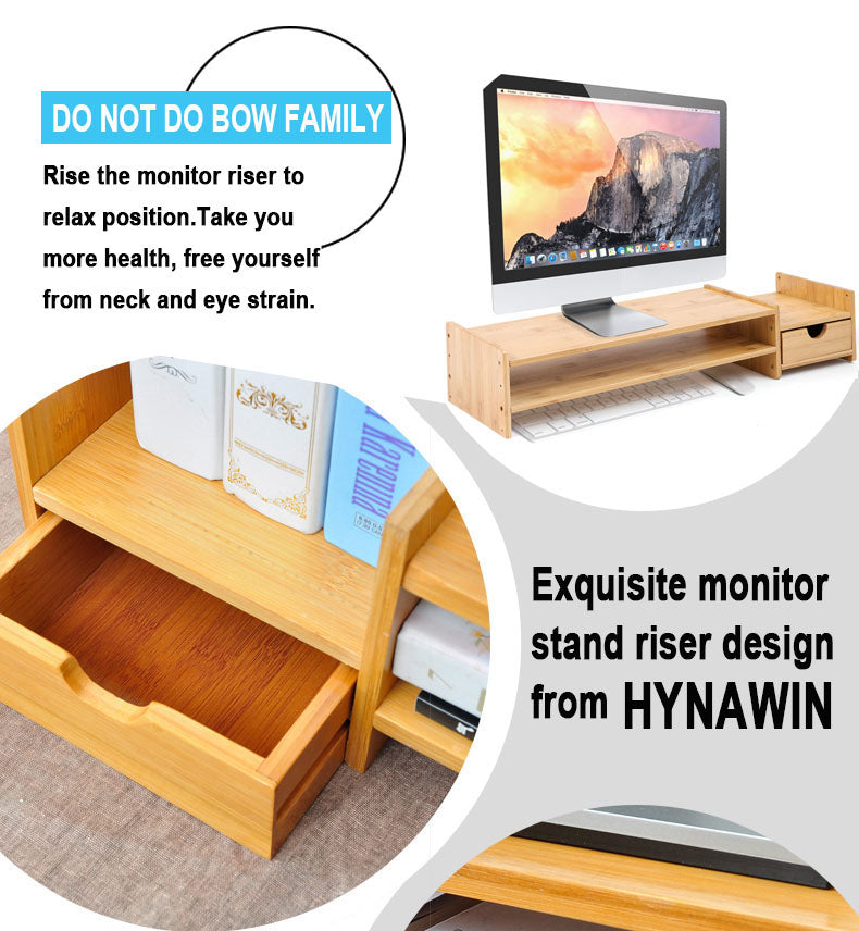 HYNAWIN Monitor Stand Riser Desk Organizer-Bamboo 2 Tier Laptop Stand With Drawers