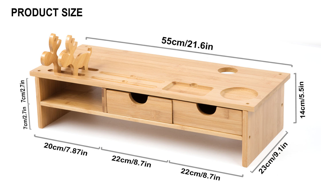 HYNAWIN Monitor Stand Riser Desk Organizer-Bamboo 2 Tier Laptop Stand With Drawers